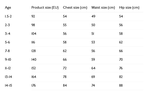 O Neill Junior Wetsuit 0 Tableau des tailles